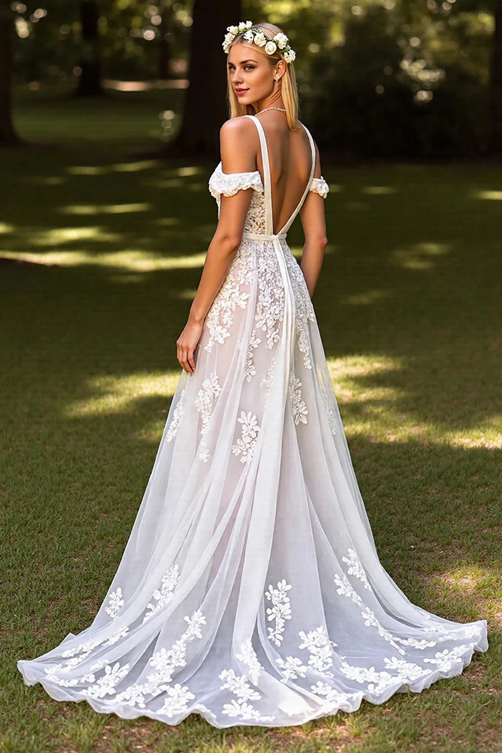 Enchanting A Line Sweetheart Neck Cold Shoulder Sleeve Open Back Floor Length Wedding Dress