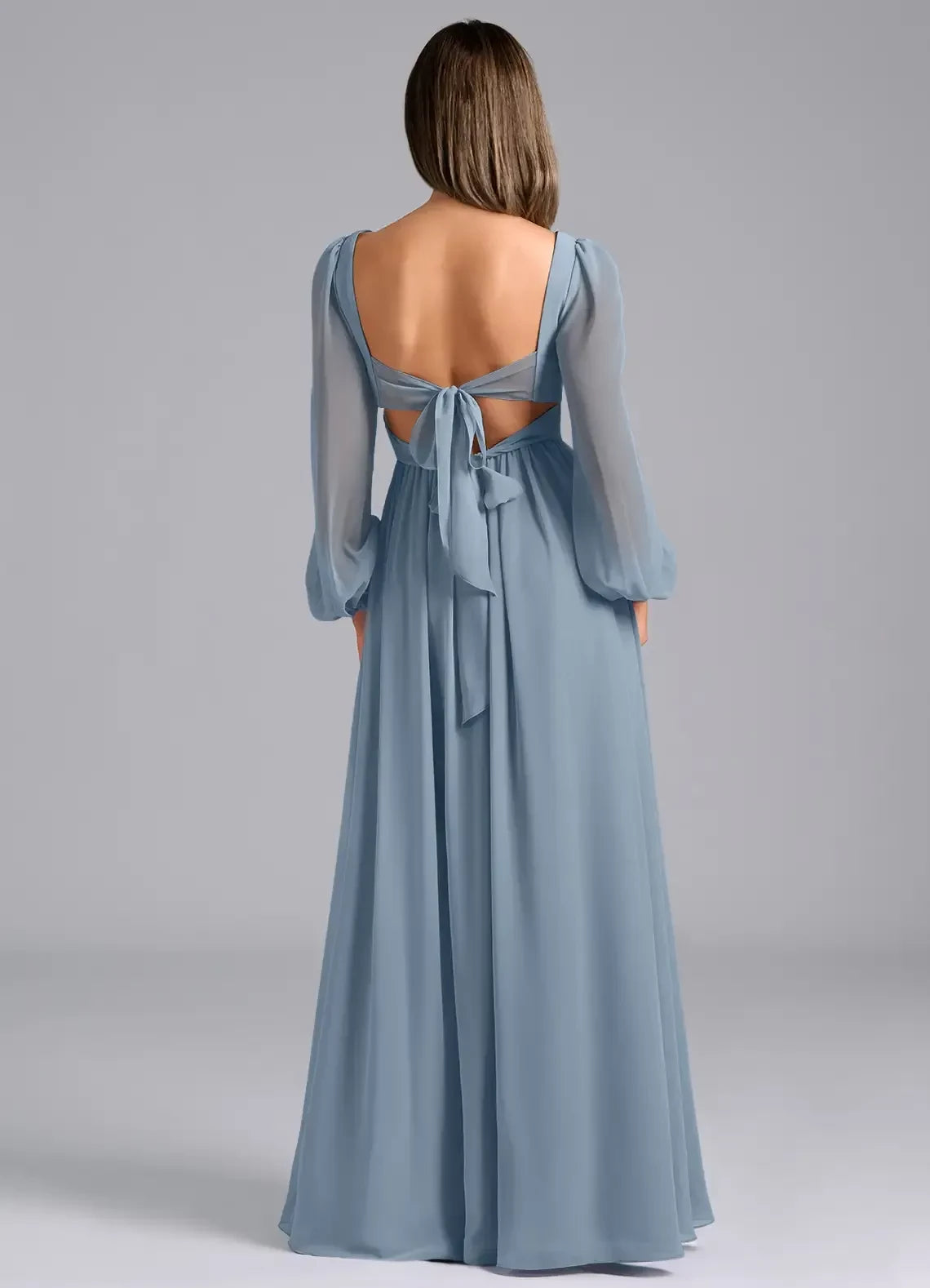 Enchanting A Line V Neck Bishop Sleeve Tie Back Floor Length Bridesmaid Dress
