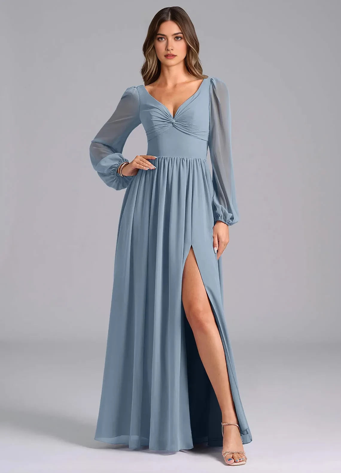 Enchanting A Line V Neck Bishop Sleeve Tie Back Floor Length Bridesmaid Dress