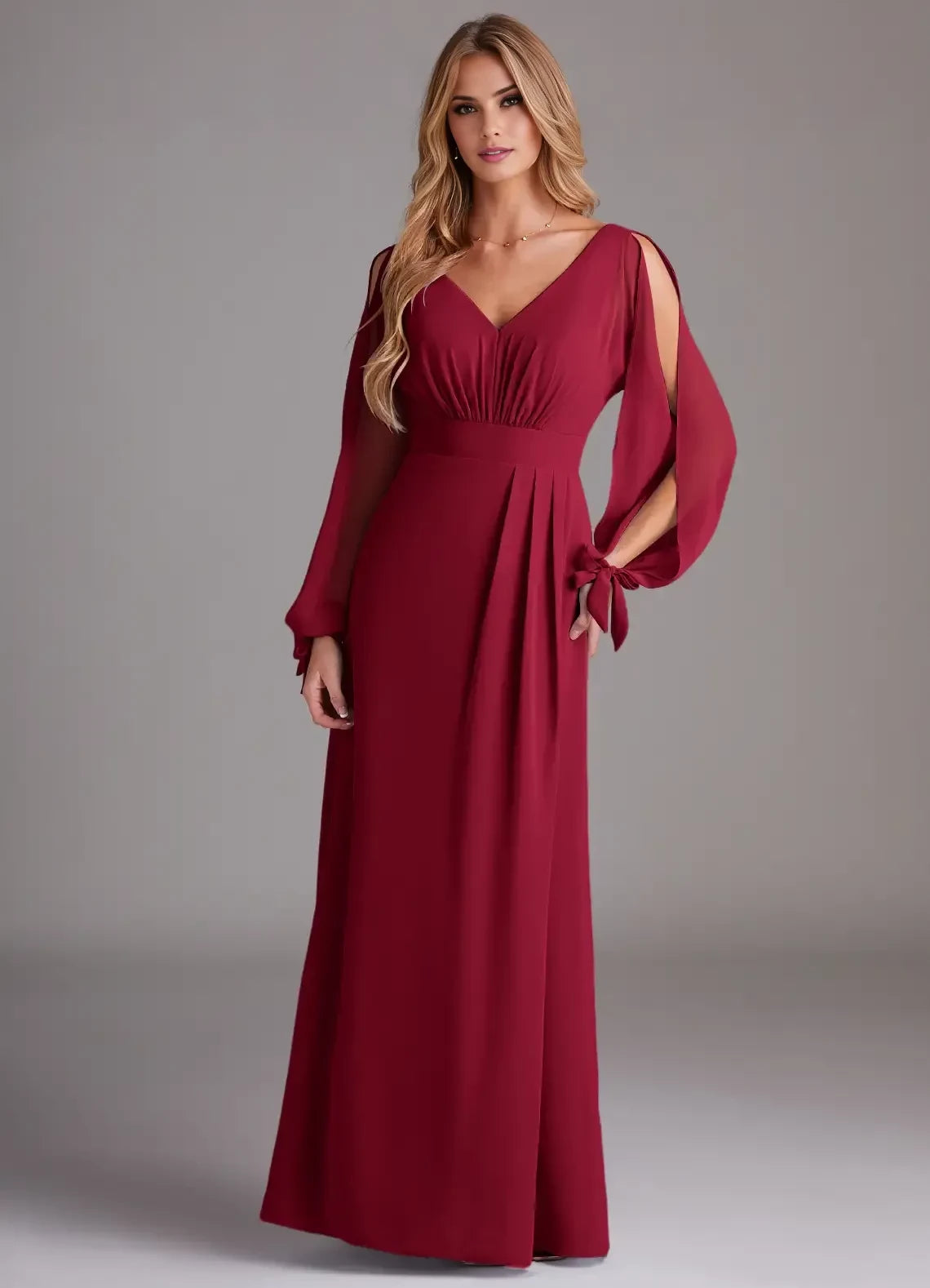 Enchanting A Line V Neck Cold Shoulder Long Sleeve Zipper Back Floor Length Bridesmaid Dress