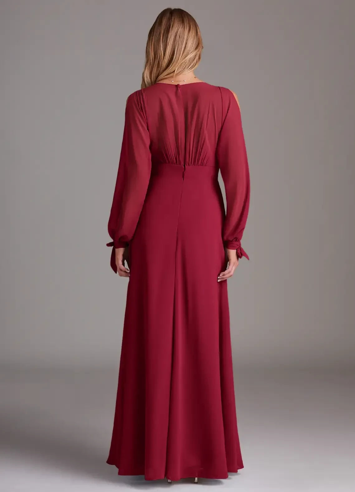 Enchanting A Line V Neck Cold Shoulder Long Sleeve Zipper Back Floor Length Bridesmaid Dress