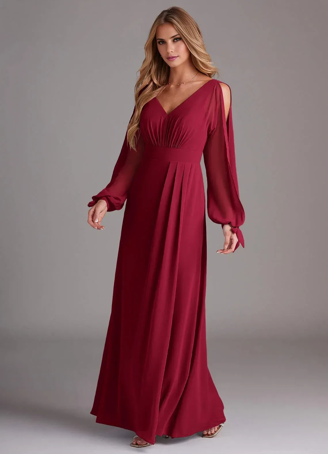 Enchanting A Line V Neck Cold Shoulder Long Sleeve Zipper Back Floor Length Bridesmaid Dress