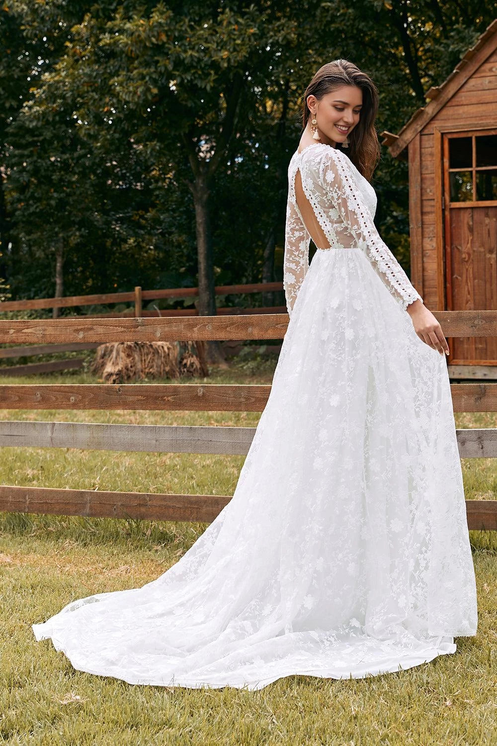 Enchanting A Line V Neck Lace Long Sleeve Open Back Maxi Wedding Dress