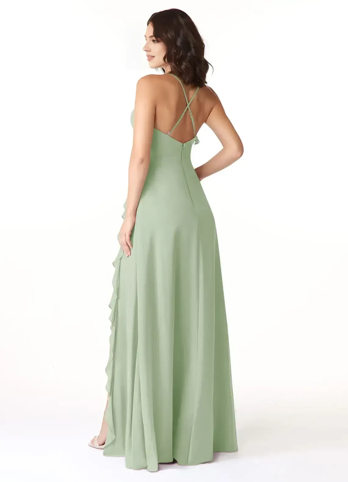 Enchanting A Line V Neck Spaghetti Strap Crisscross Back Floor Length Bridesmaid Dress ﻿