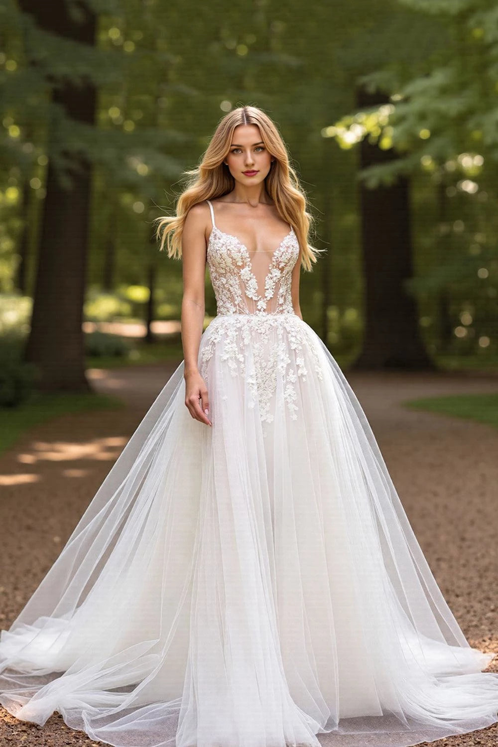 Enchanting Ball Gown Deep V Neck Spaghetti Strap Open Back Floor Length Wedding Dress