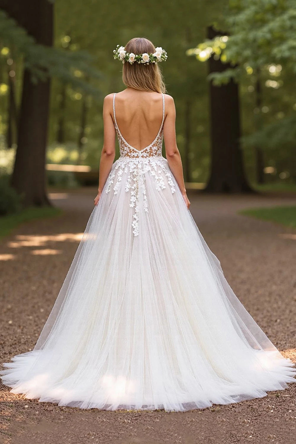Enchanting Ball Gown Deep V Neck Spaghetti Strap Open Back Floor Length Wedding Dress