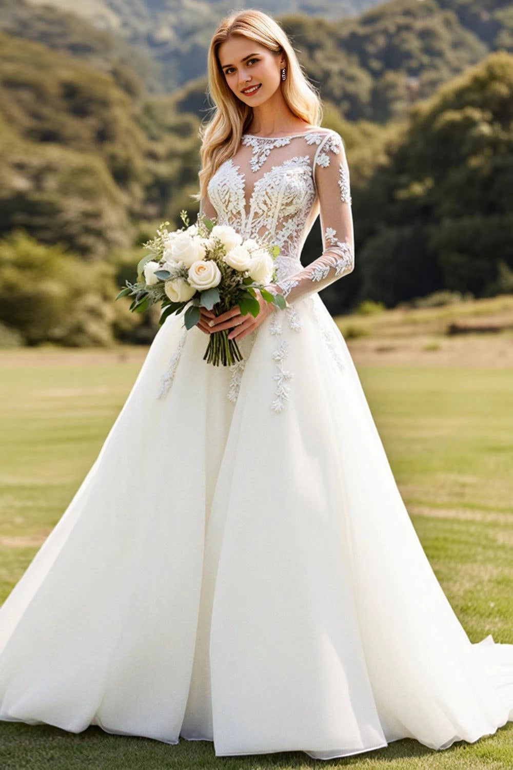 Enchanting Ball Gown Illusion Neck Lace Long Sleeve Plunging Back Floor Length Wedding Dress