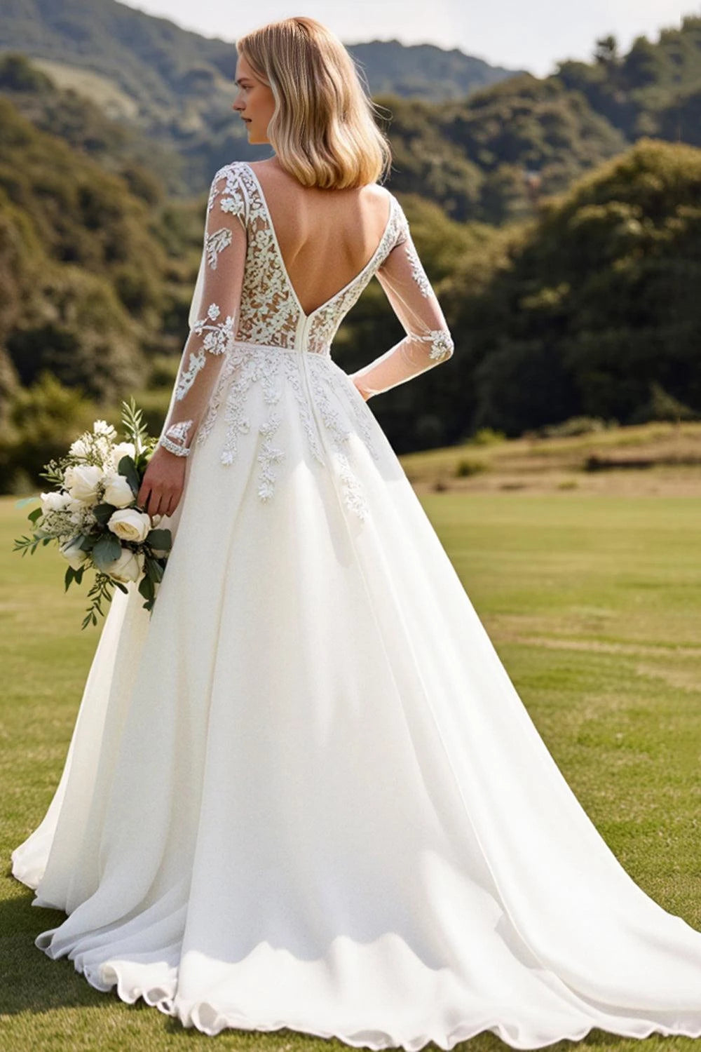 Enchanting Ball Gown Illusion Neck Lace Long Sleeve Plunging Back Floor Length Wedding Dress