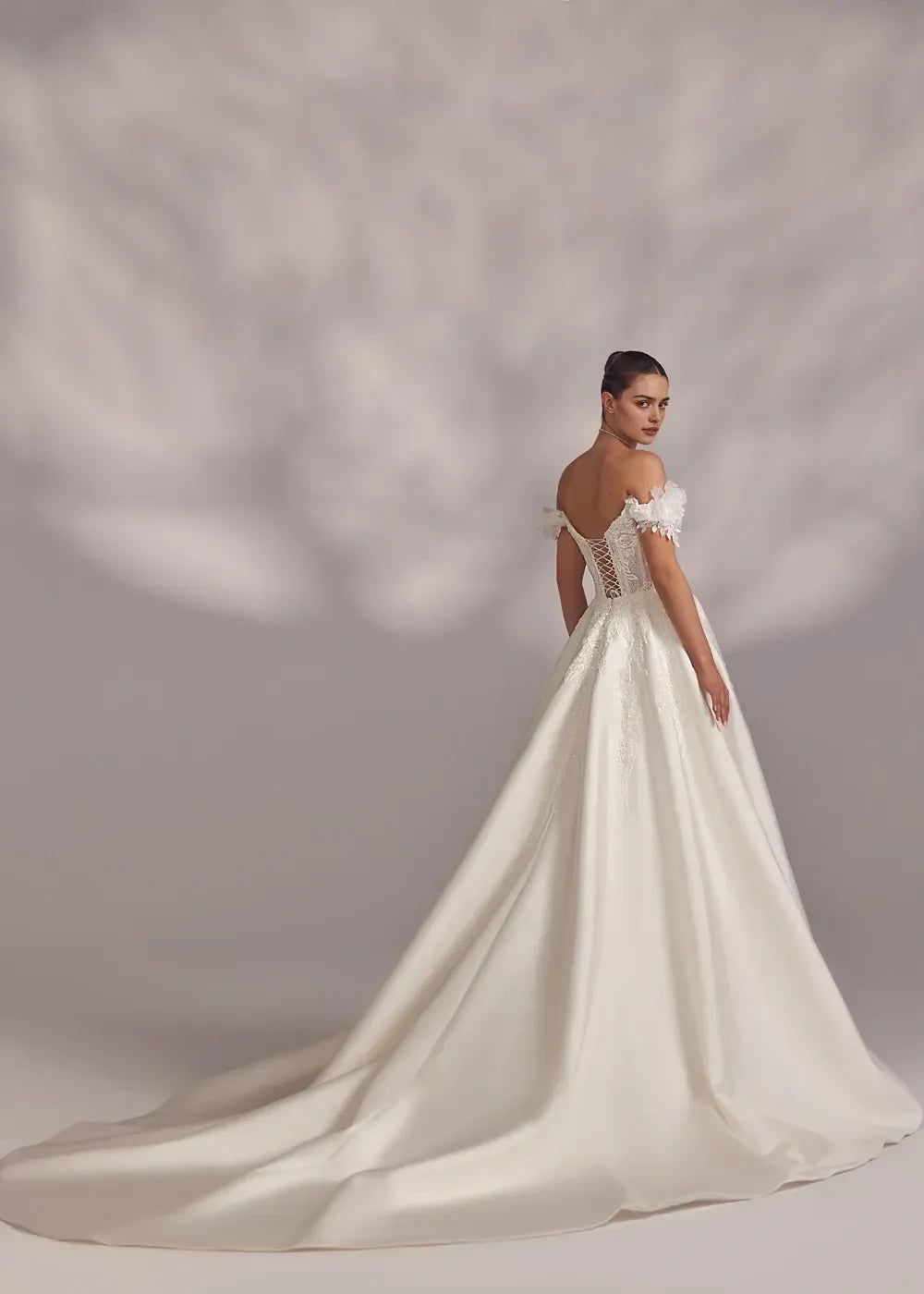 Enchanting Ball Gown Off Shoulder Floral Short Sleeve Lace Up Back Long Length Wedding Dress