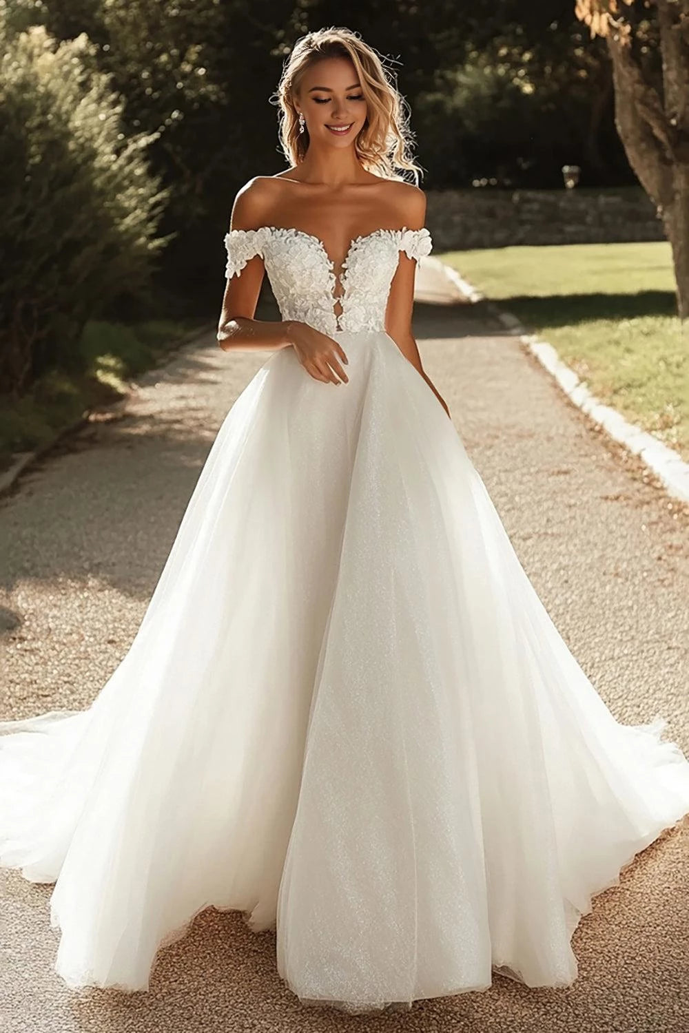 Enchanting Ball Gown Off Shoulder Short Sleeve Lace Back Maxi Wedding Dress