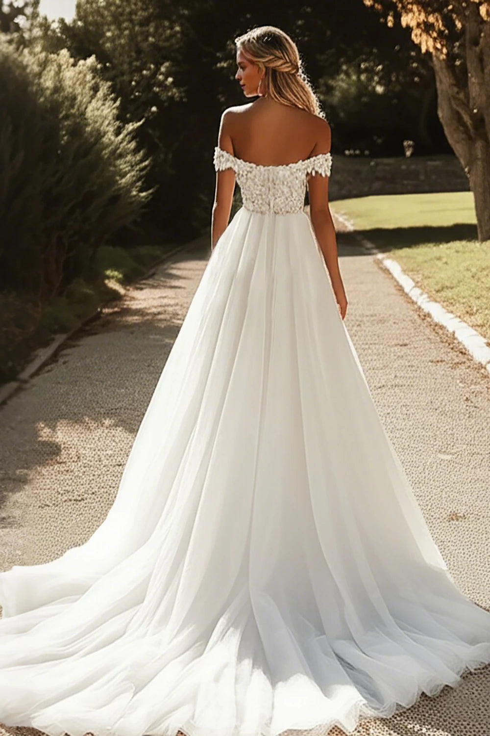 Enchanting Ball Gown Off Shoulder Short Sleeve Lace Back Maxi Wedding Dress