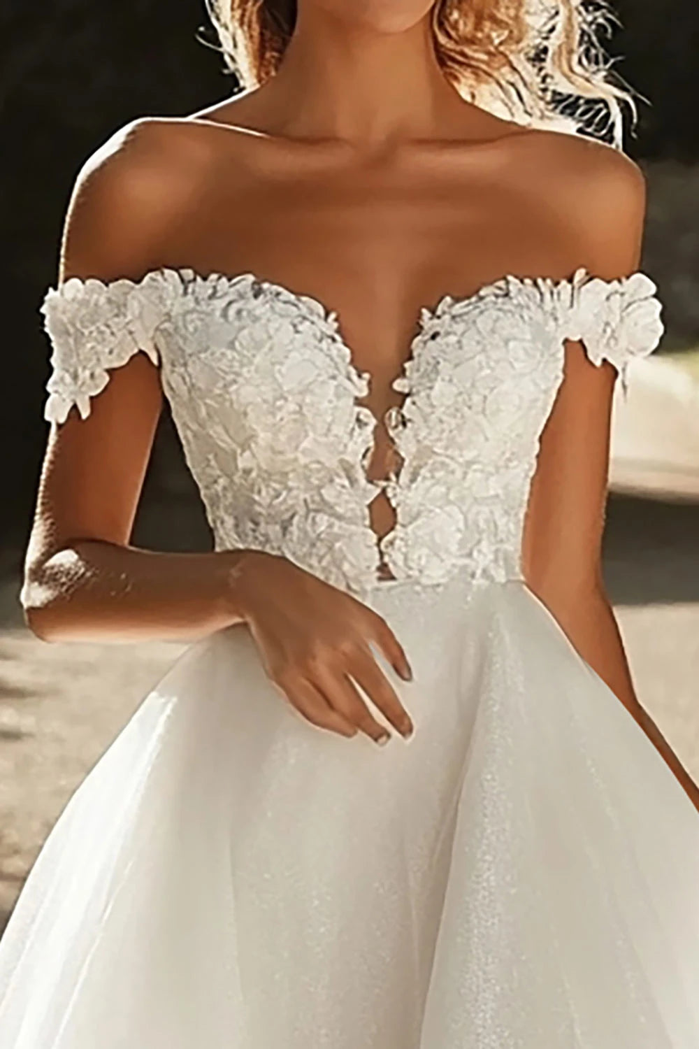 Enchanting Ball Gown Off Shoulder Short Sleeve Lace Back Maxi Wedding Dress
