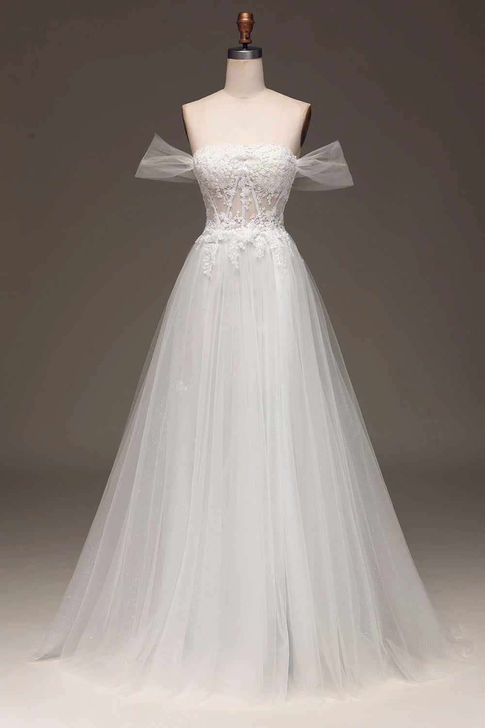 Enchanting Ball Gown Off Shoulder Tulle Sleeve Lace Back Maxi Wedding Dress