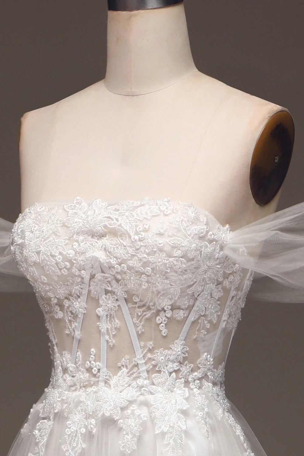 Enchanting Ball Gown Off Shoulder Tulle Sleeve Lace Back Maxi Wedding Dress