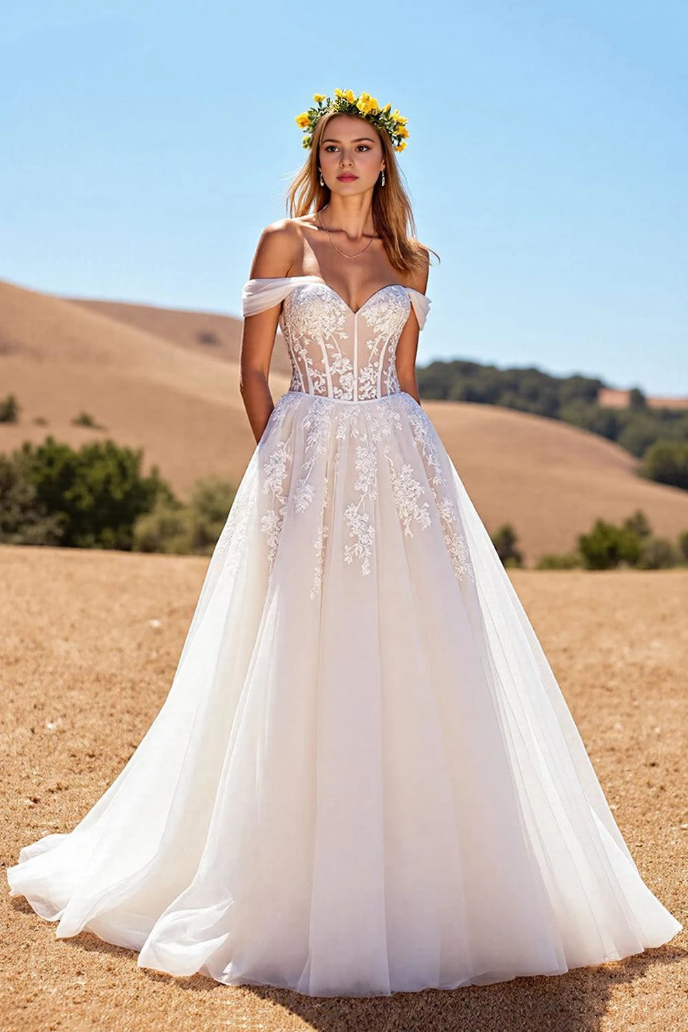 Enchanting Ball Gown Off The Shoulder Flutter Sleeve Open Back Floor Length Wedding Dress
