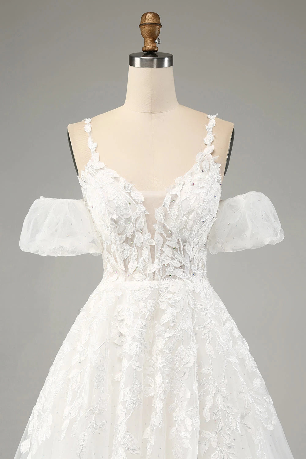 Enchanting Ball Gown V Neck Off Shoulder Puff Sleeve Lace Up Back Maxi Wedding Dress