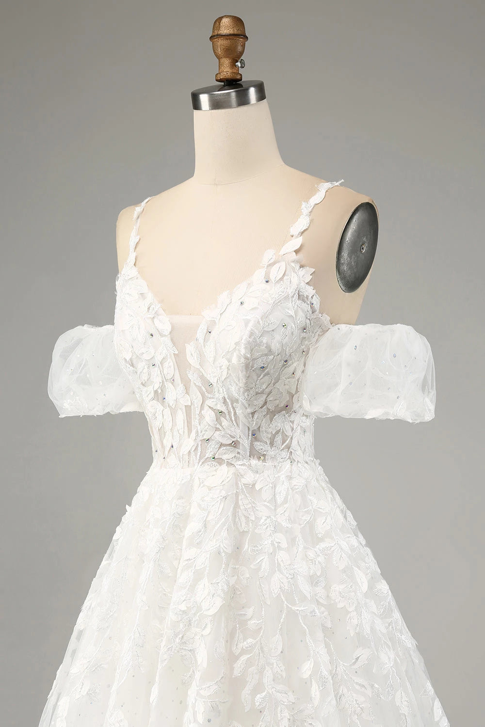 Enchanting Ball Gown V Neck Off Shoulder Puff Sleeve Lace Up Back Maxi Wedding Dress