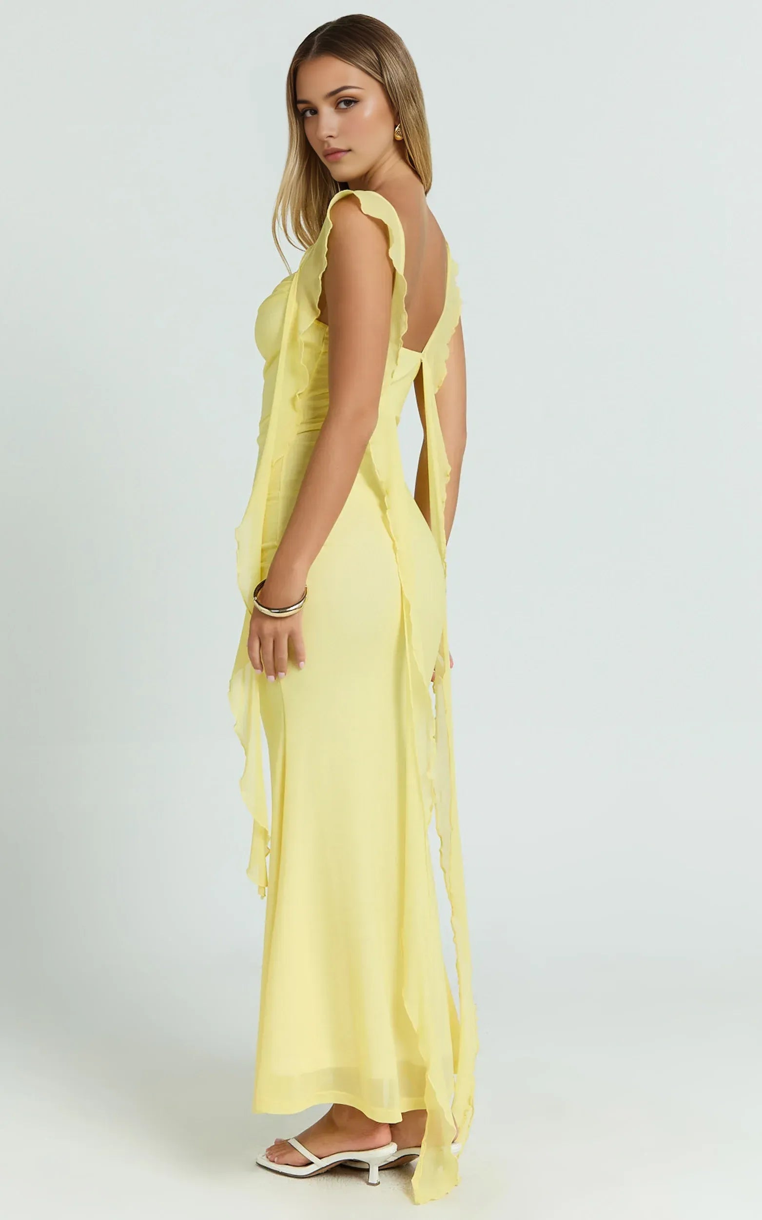 Enchanting Bodycon Square Neck Ruffled Sleeve Open Back Floor Length Plus Size Evening Dress