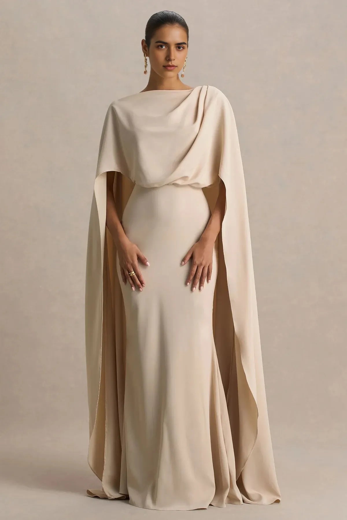 Enchanting Mermaid Boat Neck Cape Sleeve Keyhole Back Floor Length Evening Dress