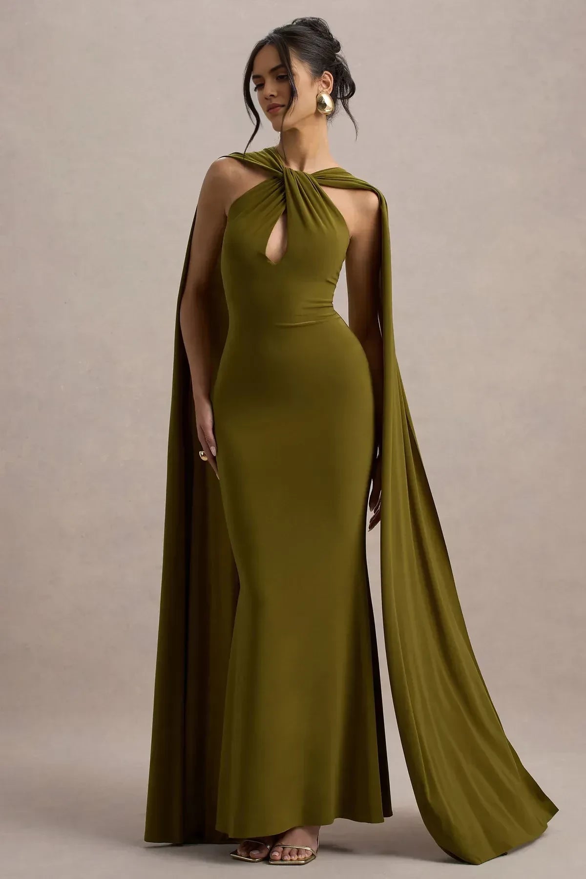 Enchanting Mermaid Cut Out Neck Cape Sleeve Zip Back Floor Length Evening Dress
