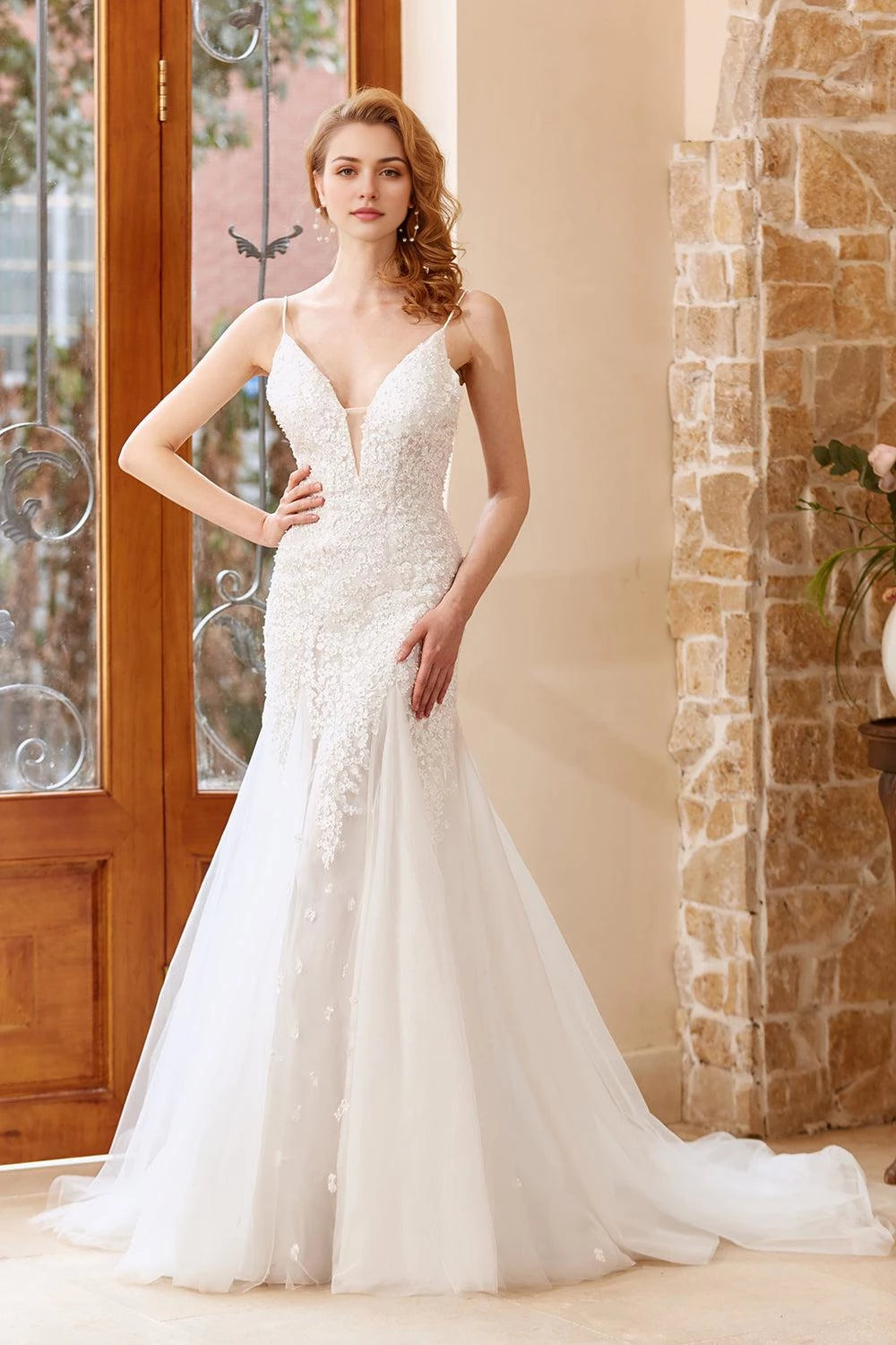 Enchanting Mermaid Deep V Neck Spaghetti Strap Open Back Floor Length Wedding Dress