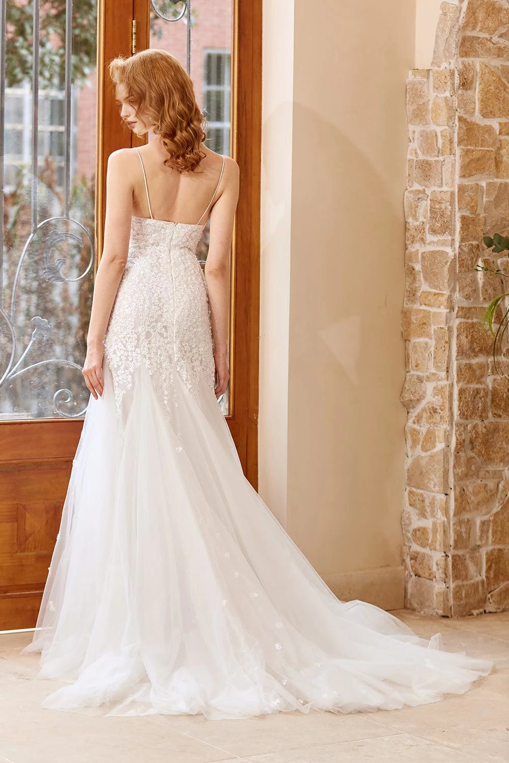 Enchanting Mermaid Deep V Neck Spaghetti Strap Open Back Floor Length Wedding Dress