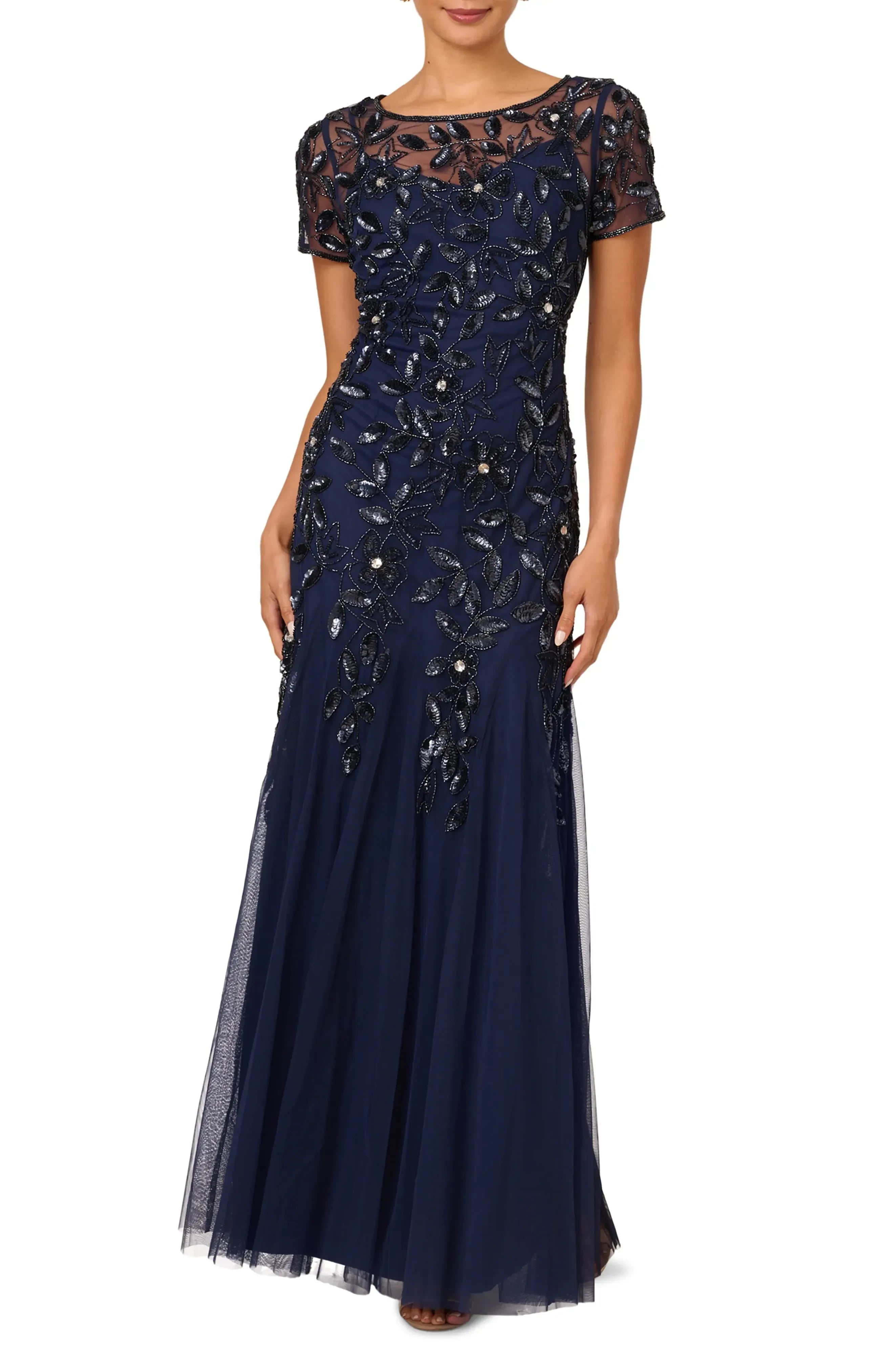 Enchanting Mermaid Illusion Neck Short Sleeve Embellished Back Floor Length Evening Dress