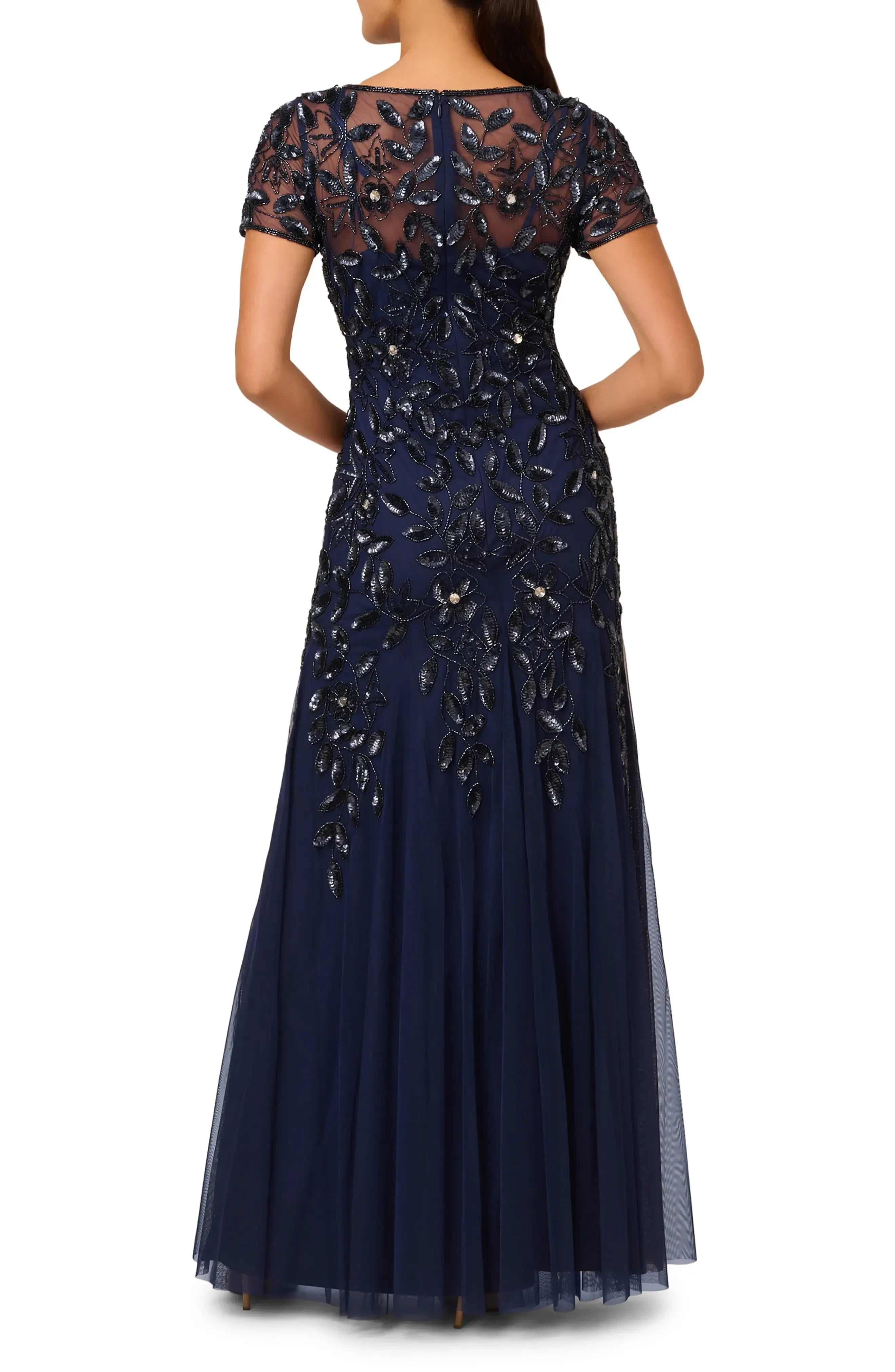Enchanting Mermaid Illusion Neck Short Sleeve Embellished Back Floor Length Evening Dress