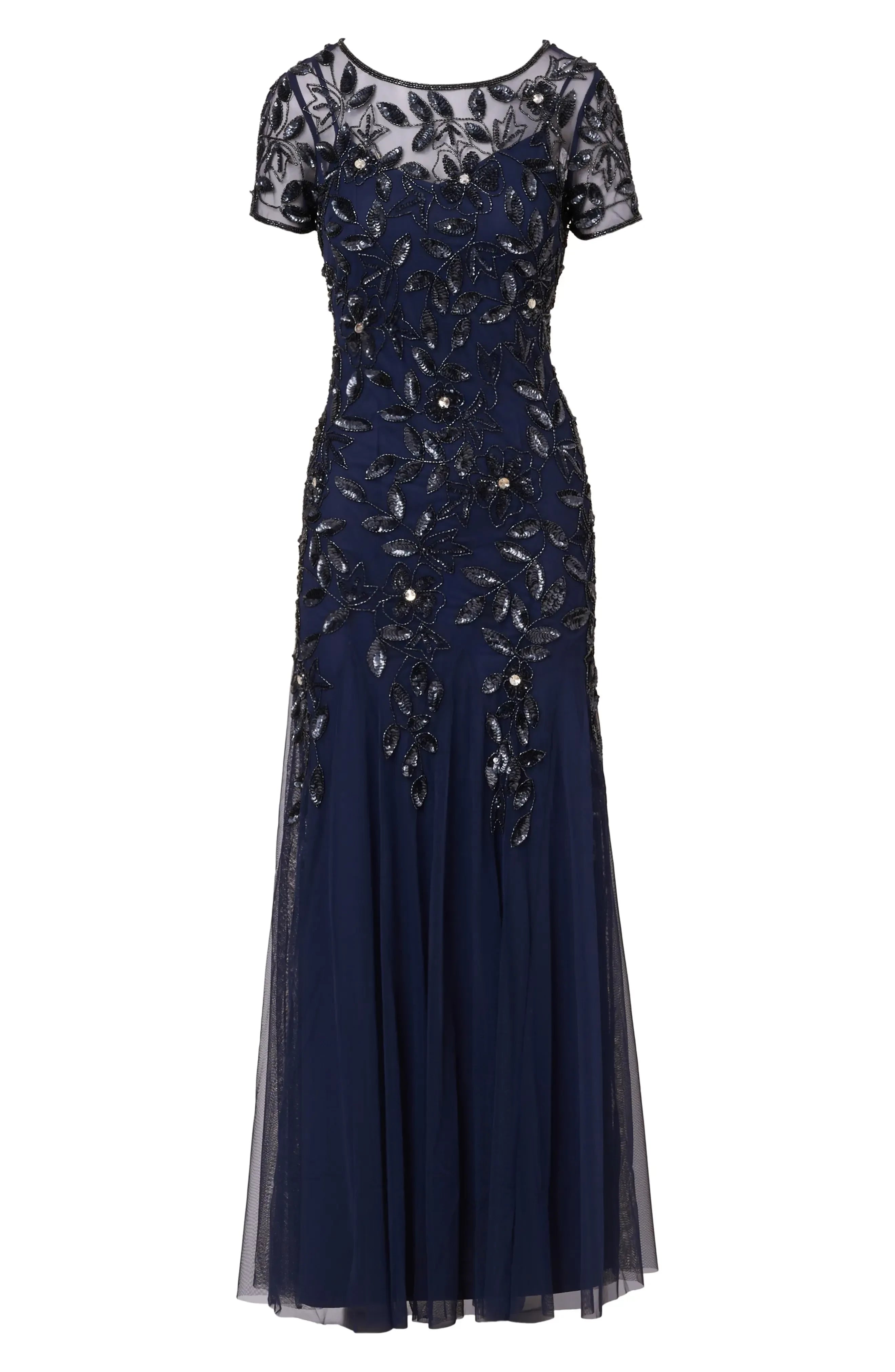 Enchanting Mermaid Illusion Neck Short Sleeve Embellished Back Floor Length Evening Dress