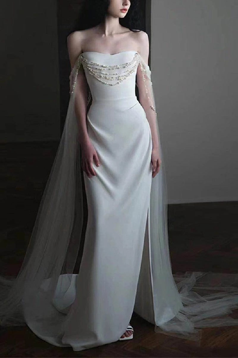 Enchanting Mermaid Off The Shoulder Cape Sleeve Open Back Floor Length Wedding Dress
