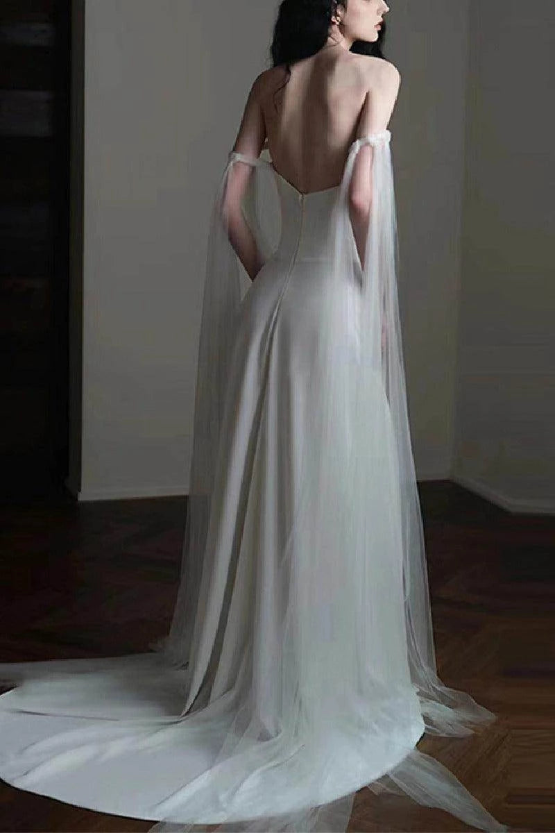 Enchanting Mermaid Off The Shoulder Cape Sleeve Open Back Floor Length Wedding Dress