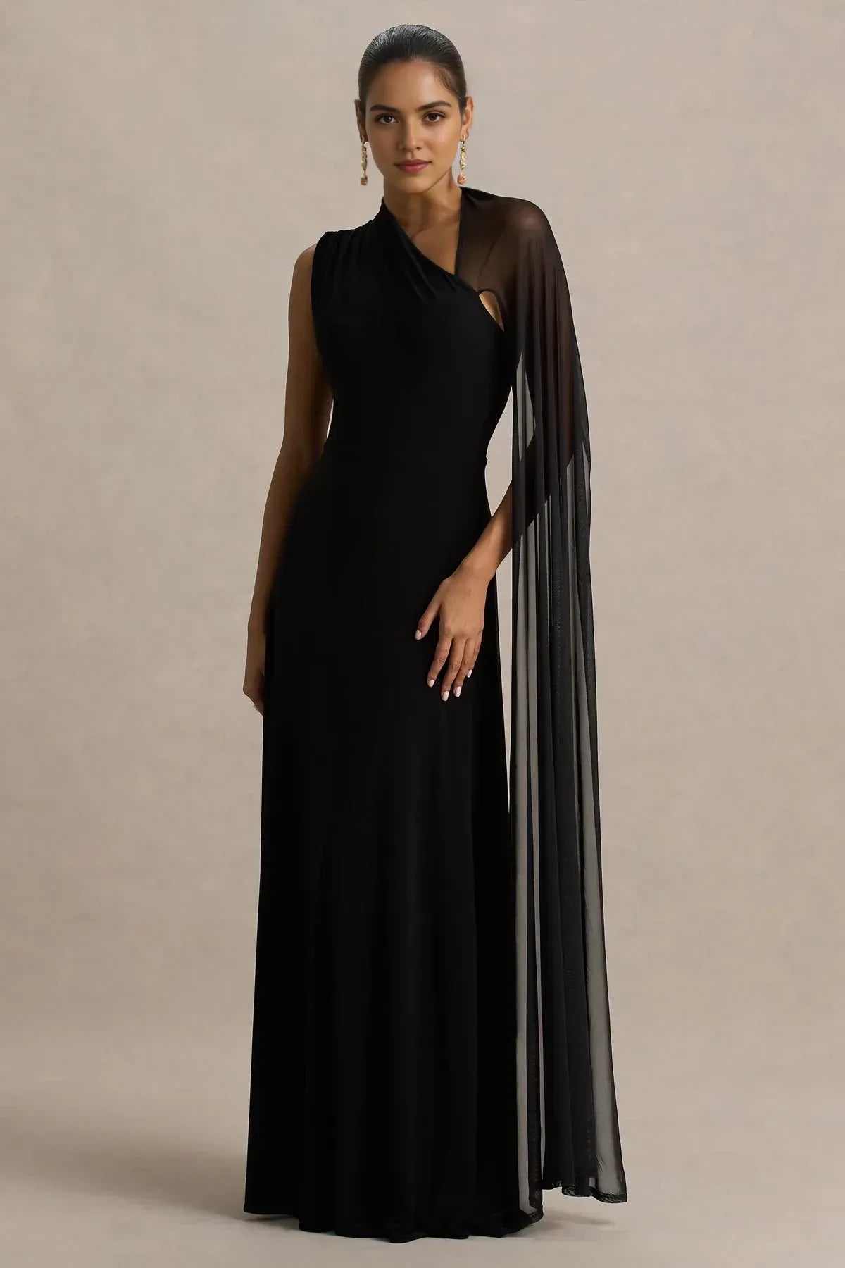 Enchanting Mermaid One Shoulder Sheer Cape Sleeve Open Back Floor Length Evening Dress