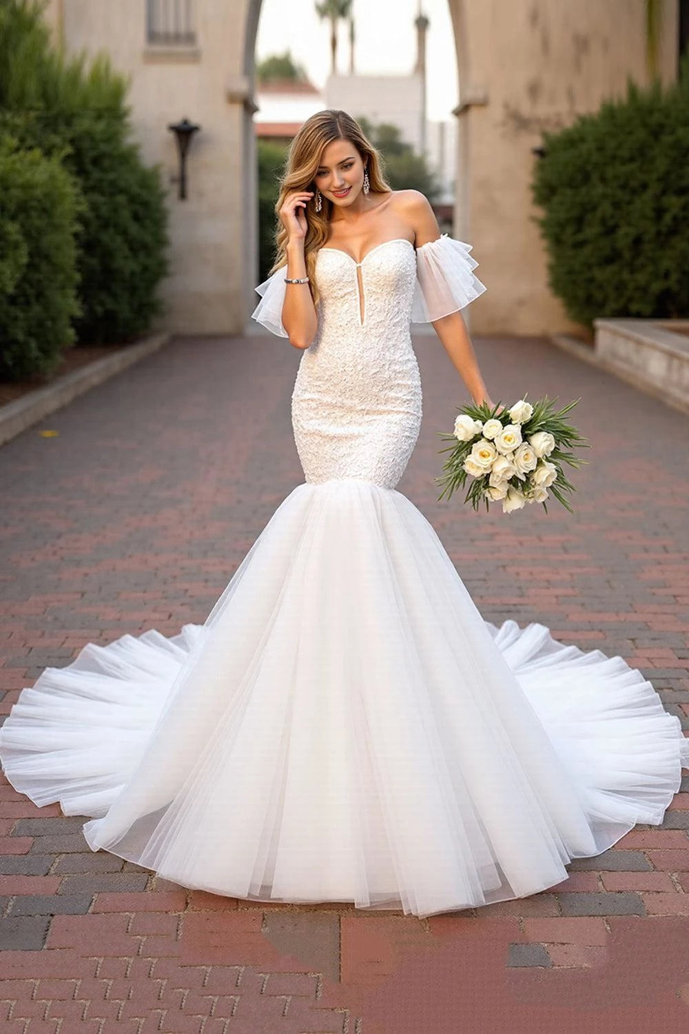 Enchanting Mermaid Sweetheart Off The Shoulder Ruffled Sleeve Lace Up Back Floor Length Wedding Dress