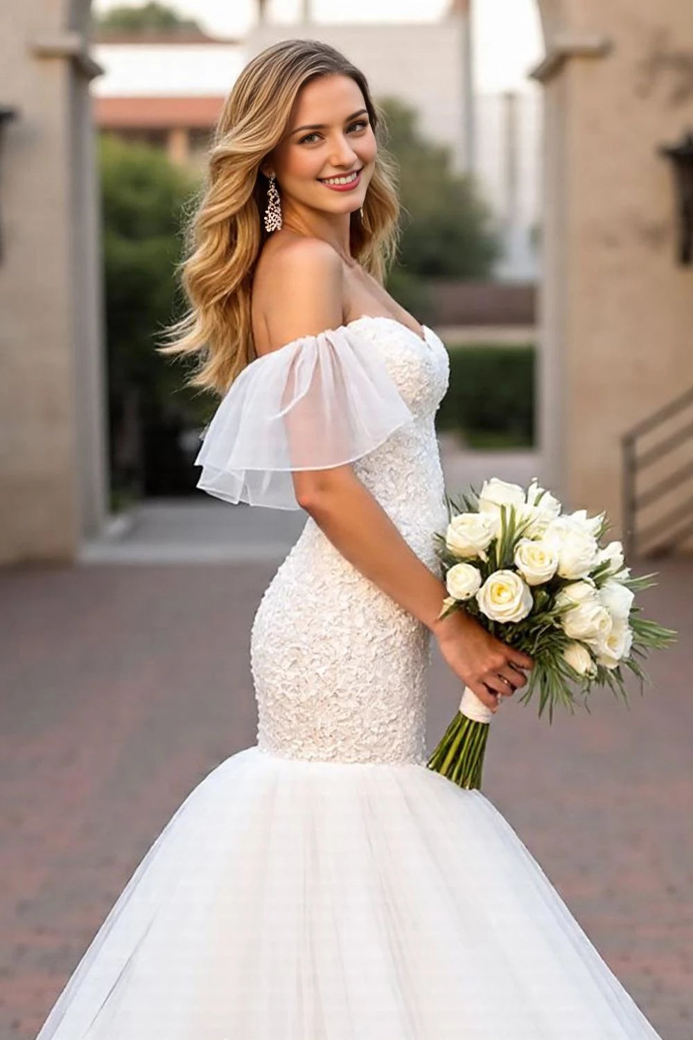 Enchanting Mermaid Sweetheart Off The Shoulder Ruffled Sleeve Lace Up Back Floor Length Wedding Dress