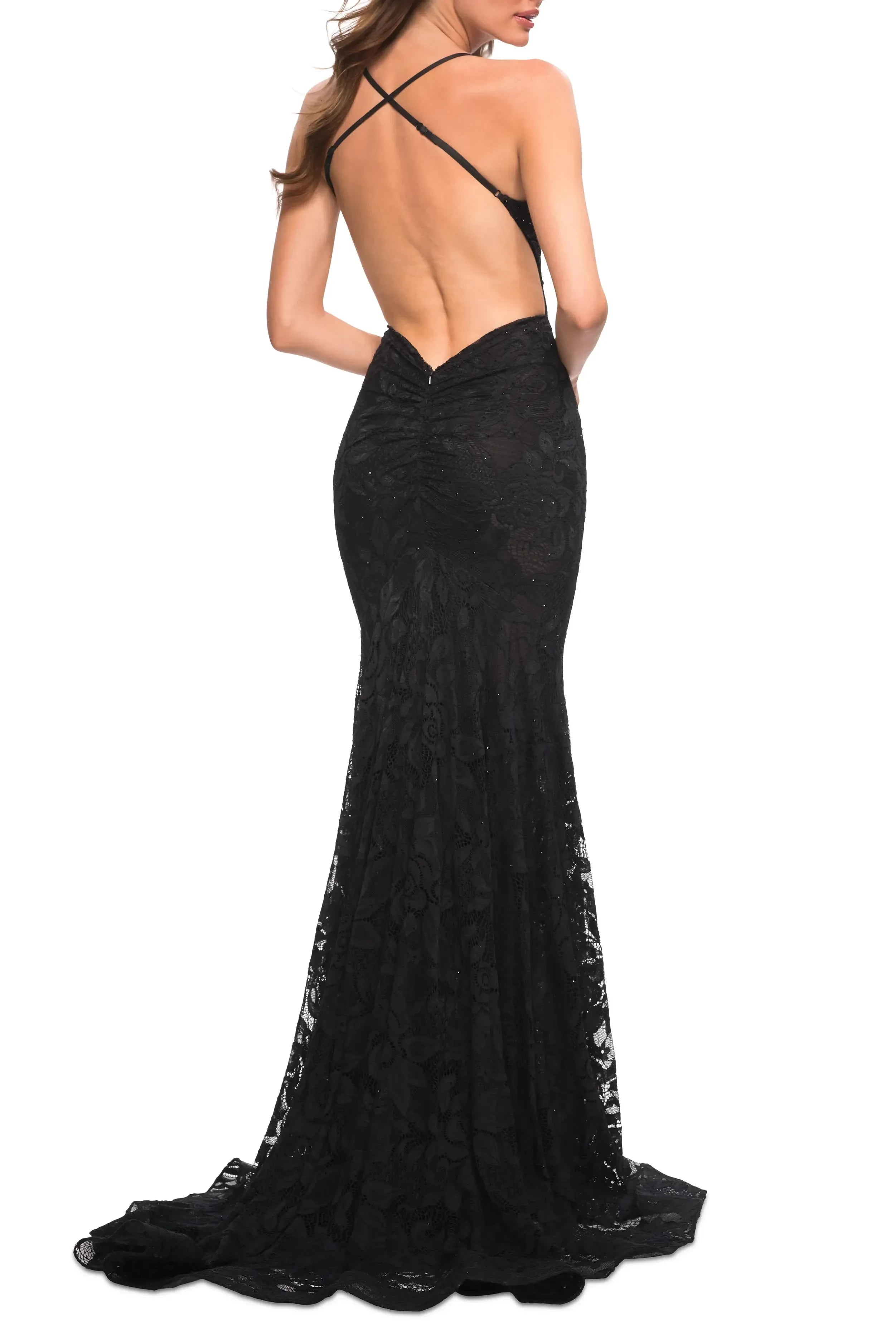 Polished Mermaid V Neck Cap Sleeve Ruched Back Floor Length Evening Dress