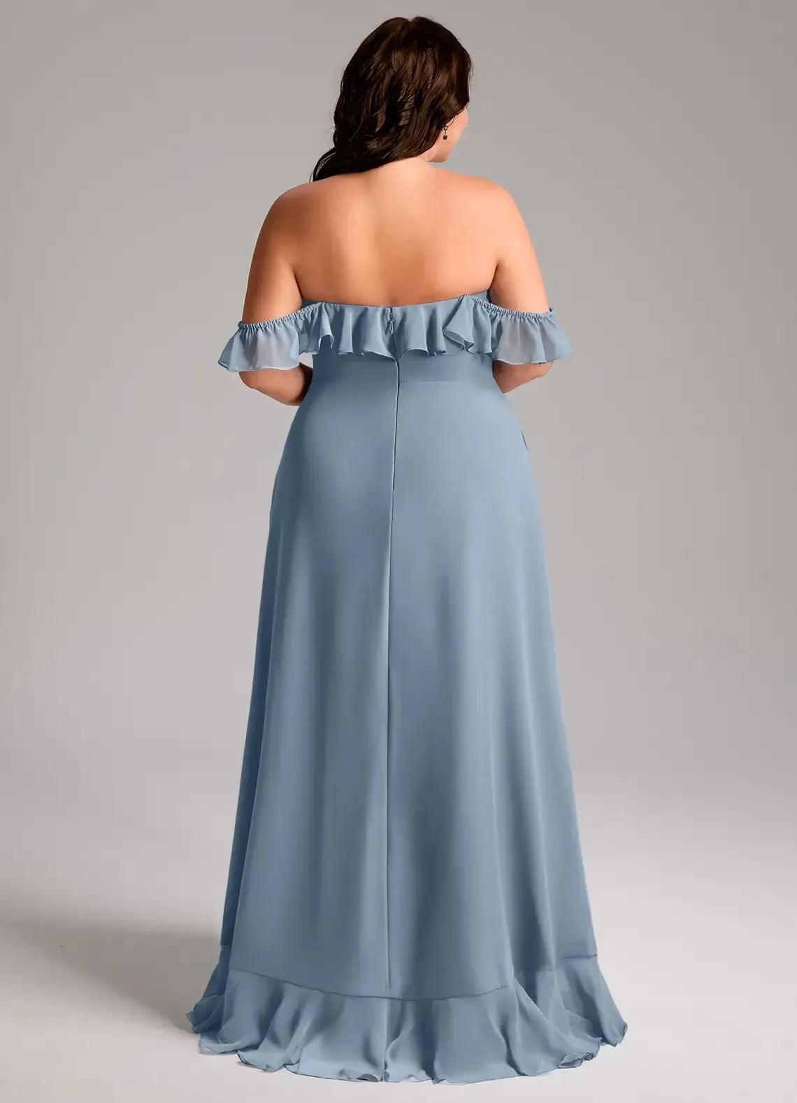 Enchanting Plus Size A Line Off Shoulder Ruffled Sleeve Open Back High Low Bridesmaid Dress