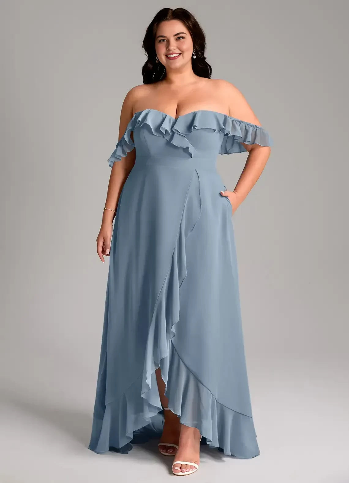 Enchanting Plus Size A Line Off Shoulder Ruffled Sleeve Open Back High Low Bridesmaid Dress