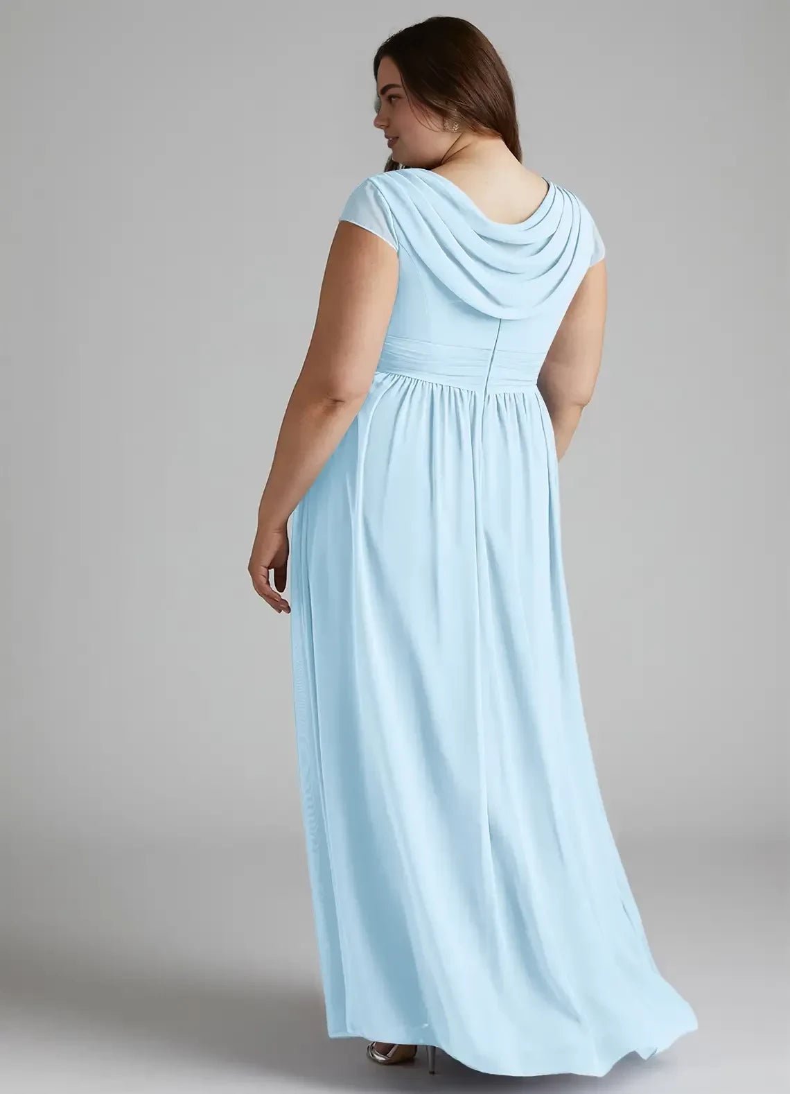 Enchanting Plus Size A Line V Neck Cap Sleeve Cowl Back Floor Length Bridesmaid Dress