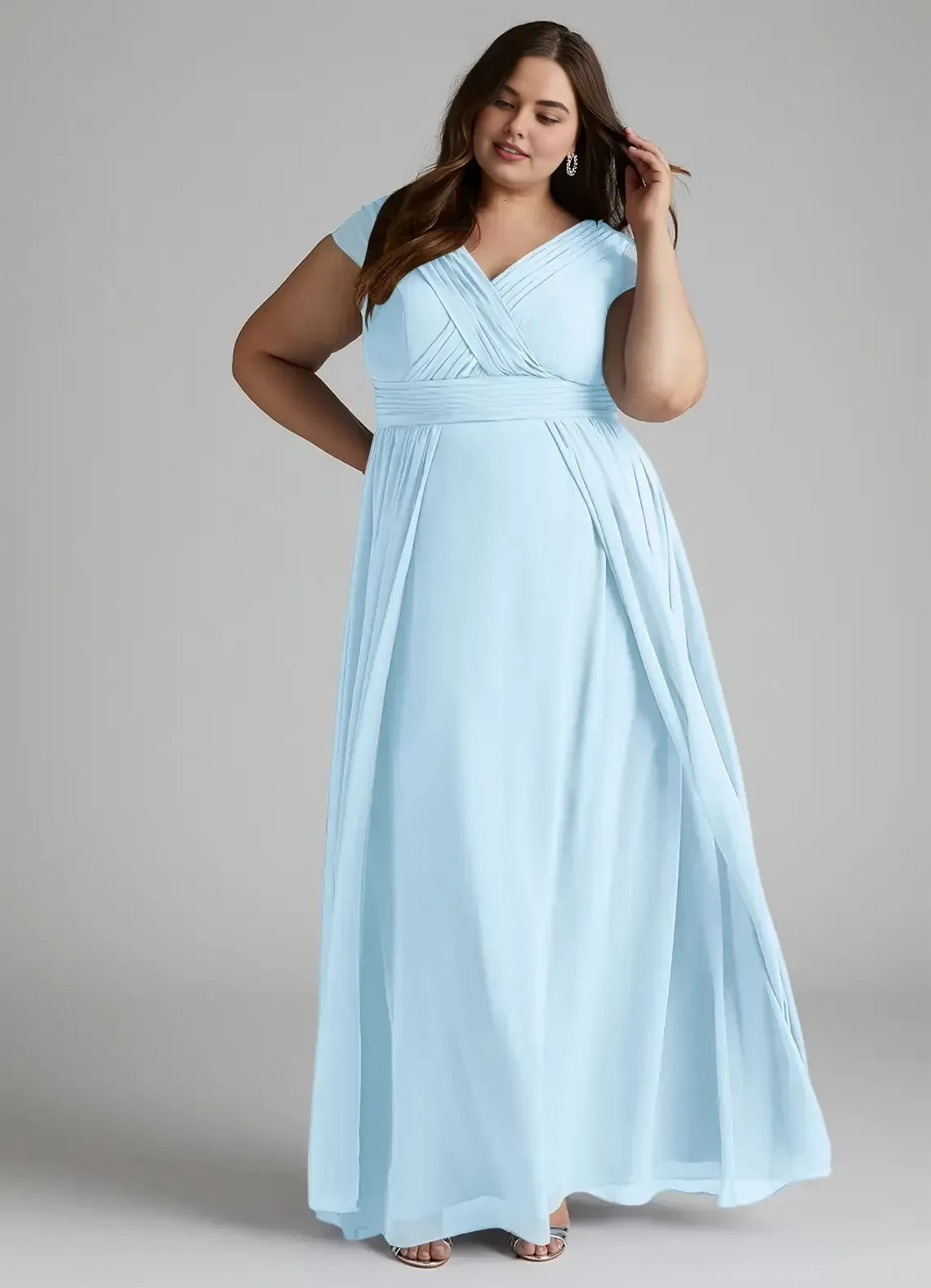 Enchanting Plus Size A Line V Neck Cap Sleeve Cowl Back Floor Length Bridesmaid Dress