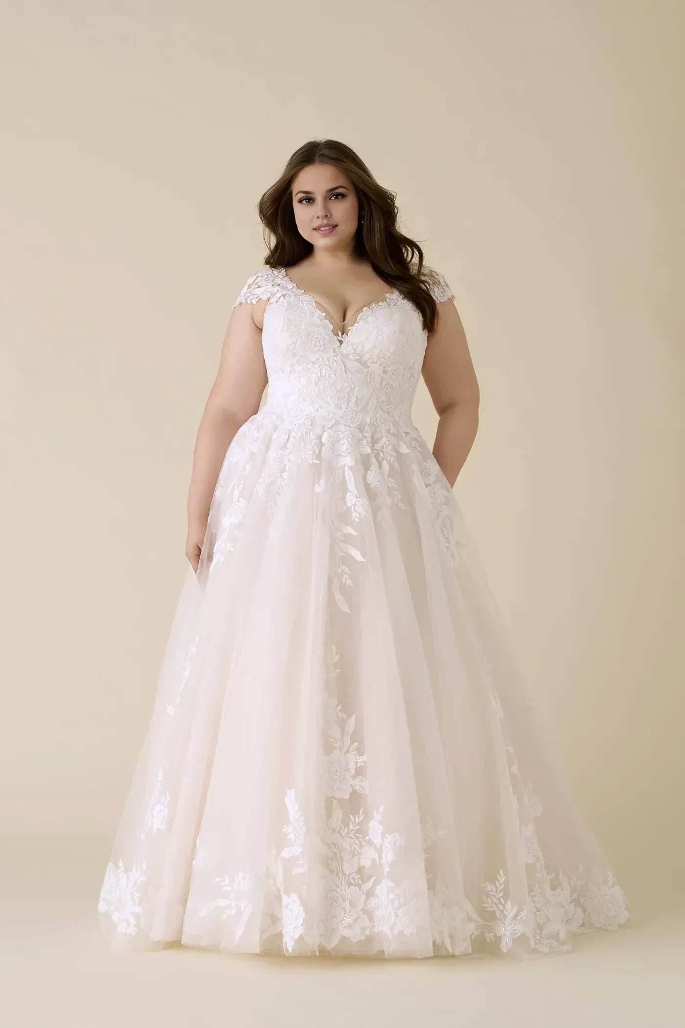 Enchanting Plus Size Ball Gown Plunging V Neck Cap Sleeve Open Back Floor Length Wedding Dress