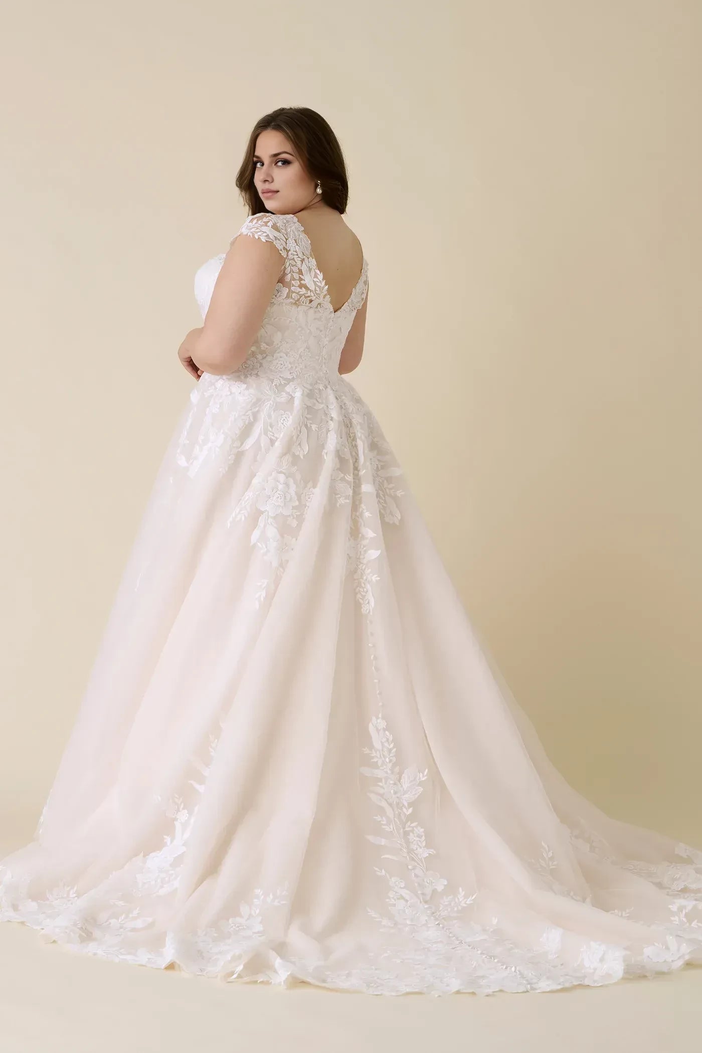 Enchanting Plus Size Ball Gown Plunging V Neck Cap Sleeve Open Back Floor Length Wedding Dress