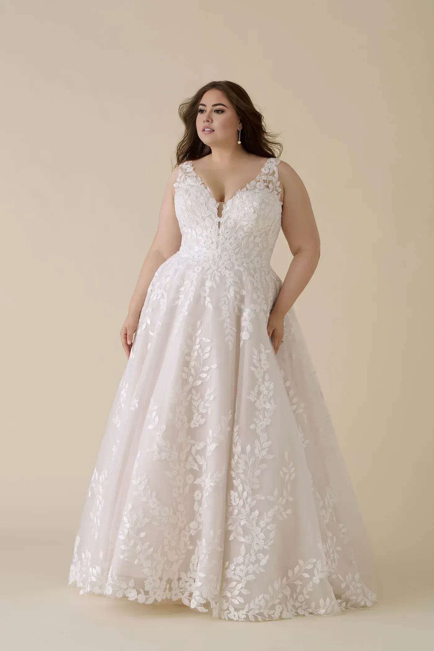 Enchanting Plus Size Ball Gown Plunging V Neck Sleeveless Open Back Floor Length Wedding Dress