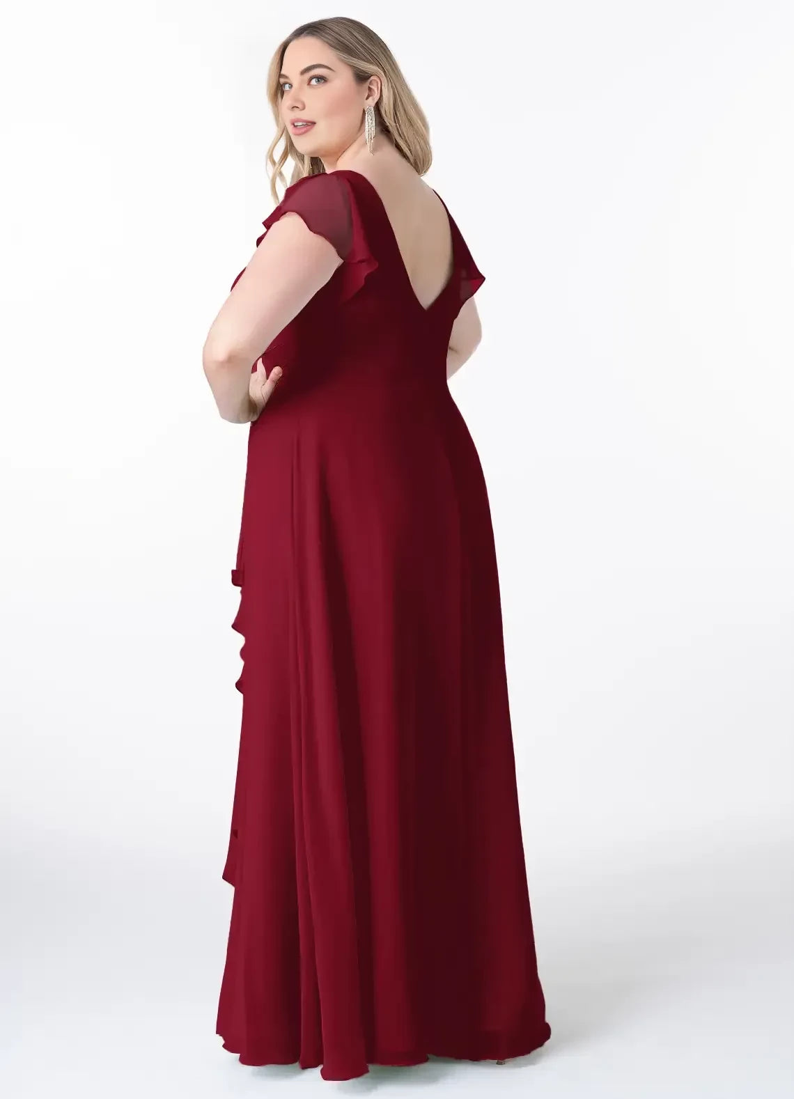 Enchanting Plus Size Sheath V Neck Ruffled Short Sleeve Open Back Floor Length Bridesmaid Dress