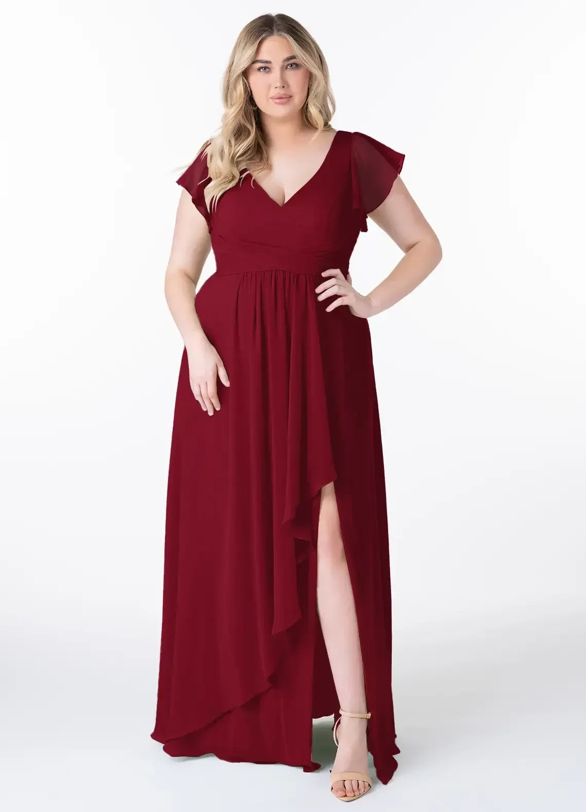 Enchanting Plus Size Sheath V Neck Ruffled Short Sleeve Open Back Floor Length Bridesmaid Dress