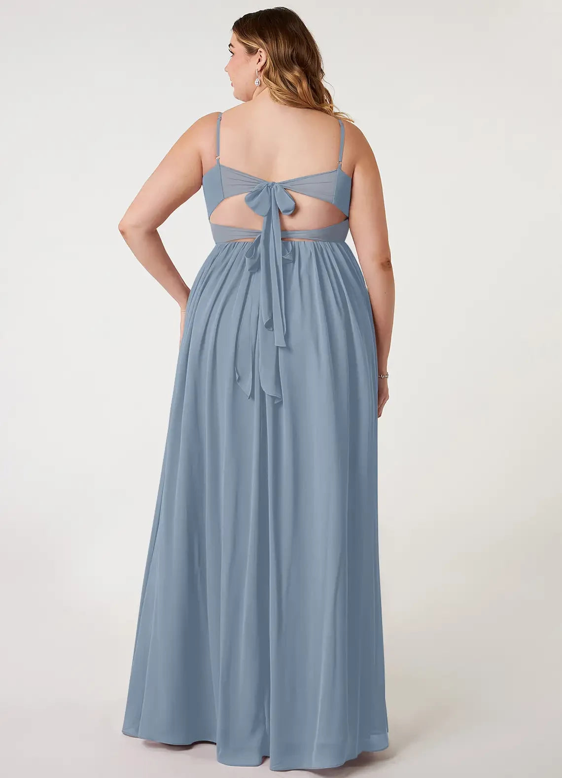 Enchanting Plus Size Sheath V Neck Spaghetti Strap Bow Back Floor Length Bridesmaid Dress