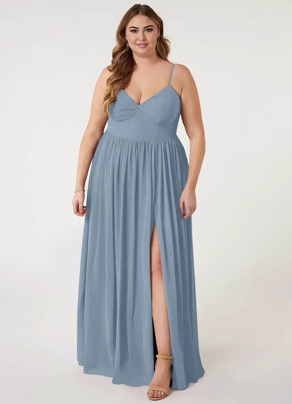 Enchanting Plus Size Sheath V Neck Spaghetti Strap Bow Back Floor Length Bridesmaid Dress
