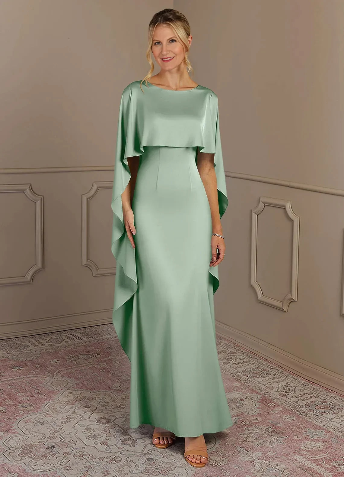 Enchanting Sheath Boat Neck Cape Sleeve Zip Back Floor Length Mother of the Bride Dress