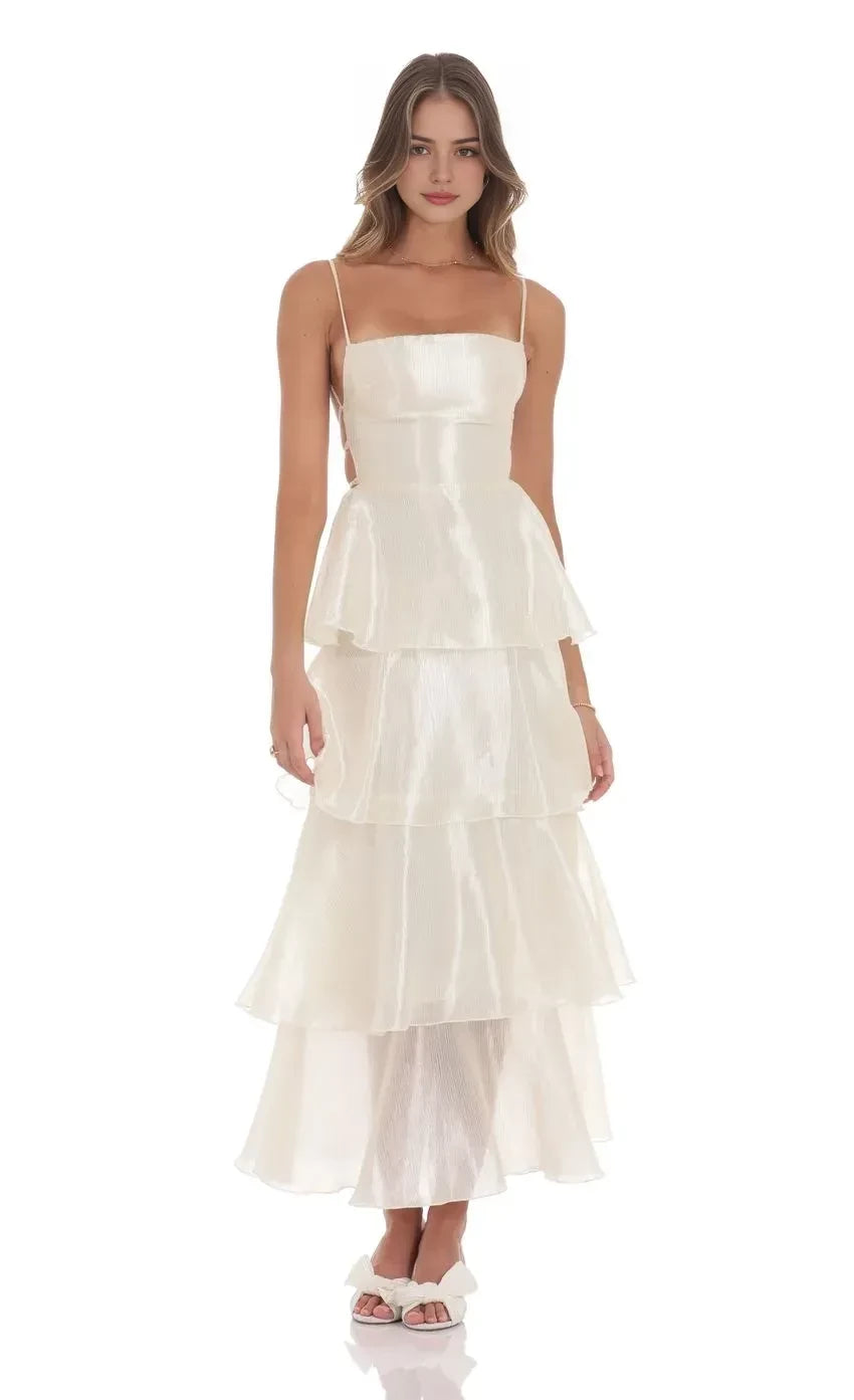 Enchanting Tiered Square Neck Spaghetti Strap Lace Up Back Floor Length Evening Dress