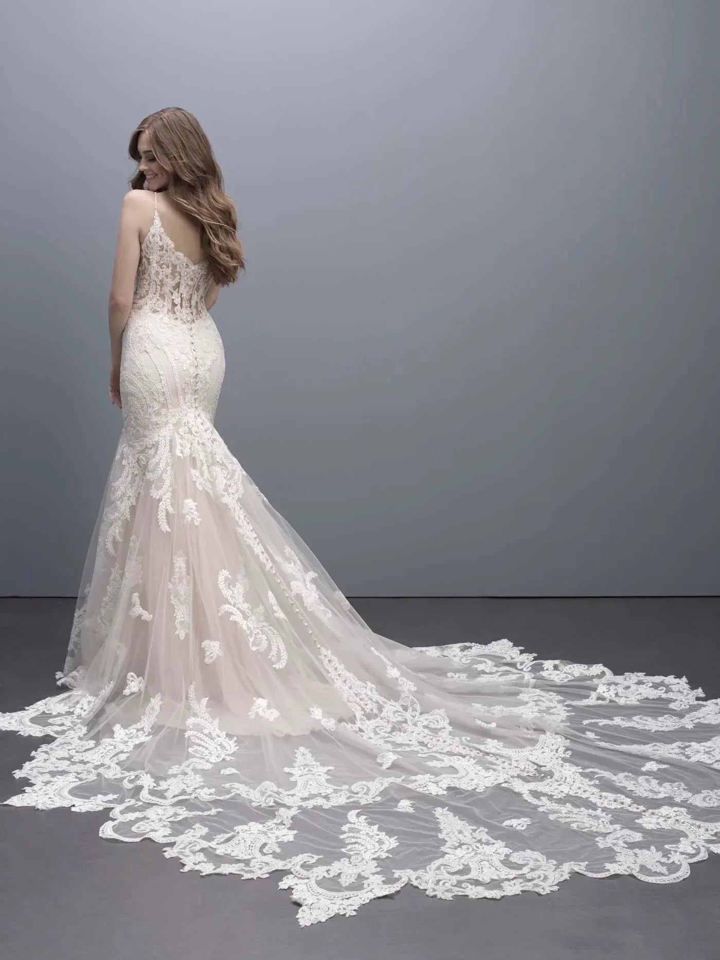Enchanting Trumpet Plunging V Neck Spaghetti Strap Lace Back Floor Length Wedding Dress