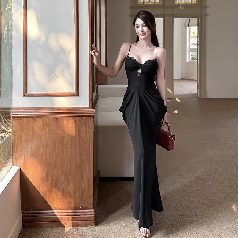 Enchanting Black Sweetheart Spaghetti Strap Pleated Mermaid Prom Dress Party Dress Cocktail Dress Homecoming Dress Evening Dress